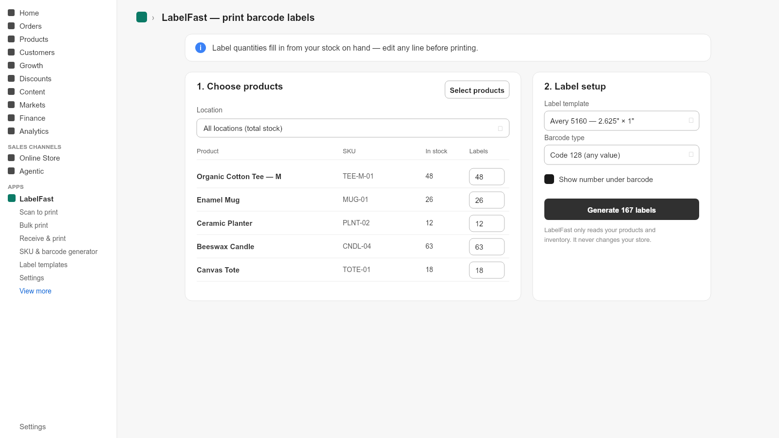 LabelFast in the Shopify admin: a product list with label counts matching each item's stock on hand